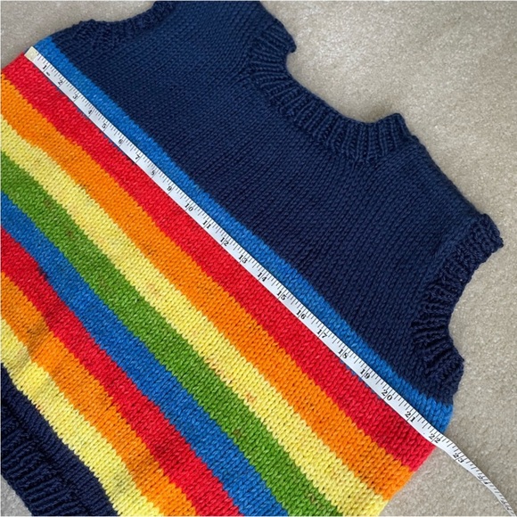 🌈 Hand Knit Rainbow Stripe Sleeveless Sweater Vest Colorful Boxy Indie Pride - Picture 8 of 10